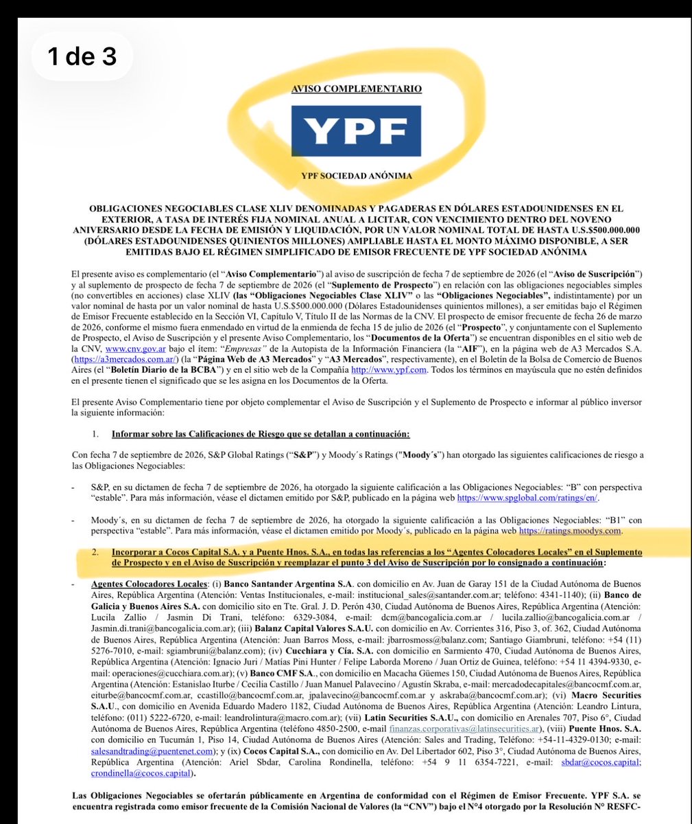 arielsbdar's tweet photo. 🚨 $YPF SUMA A COCOS COMO COLOCADOR DE SU NUEVA ON INTERNACIONAL A 9 AÑOS! La empresa busca recaudar ~ 500 litros (ampliables).

El rol de @cocoscap como actor clave en el mercado de capitales local es cada vez más impresionante.

Más inversión es más crecimiento, mas trabajo! https://t.co/mmfxLzAg6T