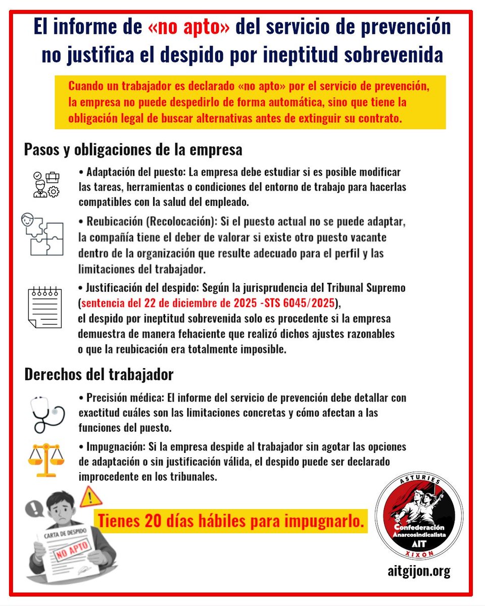 AitGijon's tweet photo. 📝 El informe de «no apto» del servicio de
prevención no justifica el despido por ineptitud sobrevenida.

👷‍♂️ Cuando un trabajador es declarado «no apto»
por el servicio de prevención, muchas empresas proceden directamente a su despido
por "ineptitud sobrevenida" .

⚖️ Sin embargo, el Tribunal Supremo ha indicado
en reiteradas ocasiones la sentencia del 22 de diciembre de 2025 (STS 6045/2025), que antes de despedir, la empresa debe
intentar realizar ajustes razonables en el puesto u ofrecer otro puesto
compatible.

📋 La mera declaración de no aptitud médica no
basta para extinguir el contrato de trabajo y no sustituye las obligaciones
legales de la empresa.

🔎 Antes de extinguir el contrato, la empresa debe efectuar:
🔧 → La adaptación del puesto.
🔄 → La reubicación en otro puesto adecuado.
⚠️ → Y, en su caso, justificar que estas
alternativas no son posibles.

❌ Si no las hace, el despido es improcedente o,
incluso, nulo.

⏰ Tienes 20 días hábiles para impugnarlo.
📢 INFÓRMATE y CONOCE TUS DERECHOS. 
tu Sindicatu CA-AIT Gijón
🌐 https://t.co/FeZ85s58IU
#DerechosLaborales
#PrevenciónDeRiesgos
#CA #AIT #Afiliate