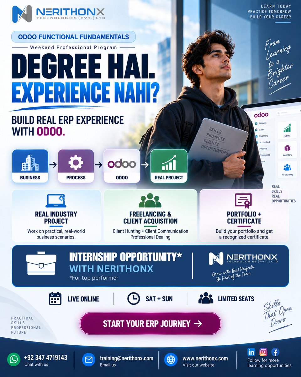 nerithonx's tweet photo. Degree hai. Experience nahi?
A degree gives you knowledge. Real projects help you turn knowledge in to career.
Live Online | Sat + Sun | Only 30 Seats
๐ Start your ERP journey.
https://t.co/8R1u75moyZ
*For top performers.
#Odoo #ERP #OdooTraining #Freelancing #CareerDevelopment https://t.co/uF25J56ol0