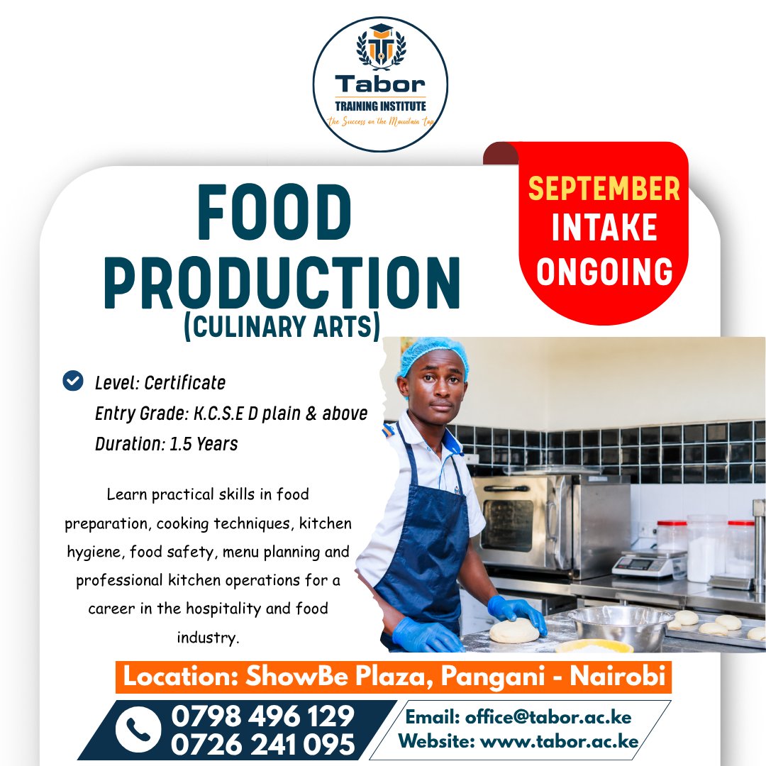 Tabor_college's tweet photo. Food Production (Culinary Arts) is a highly marketable course that equips you with practical skills in food preparation, cooking, baking, kitchen hygiene, food safety, menu planning and professional kitchen operations. https://t.co/5IymQbdceb