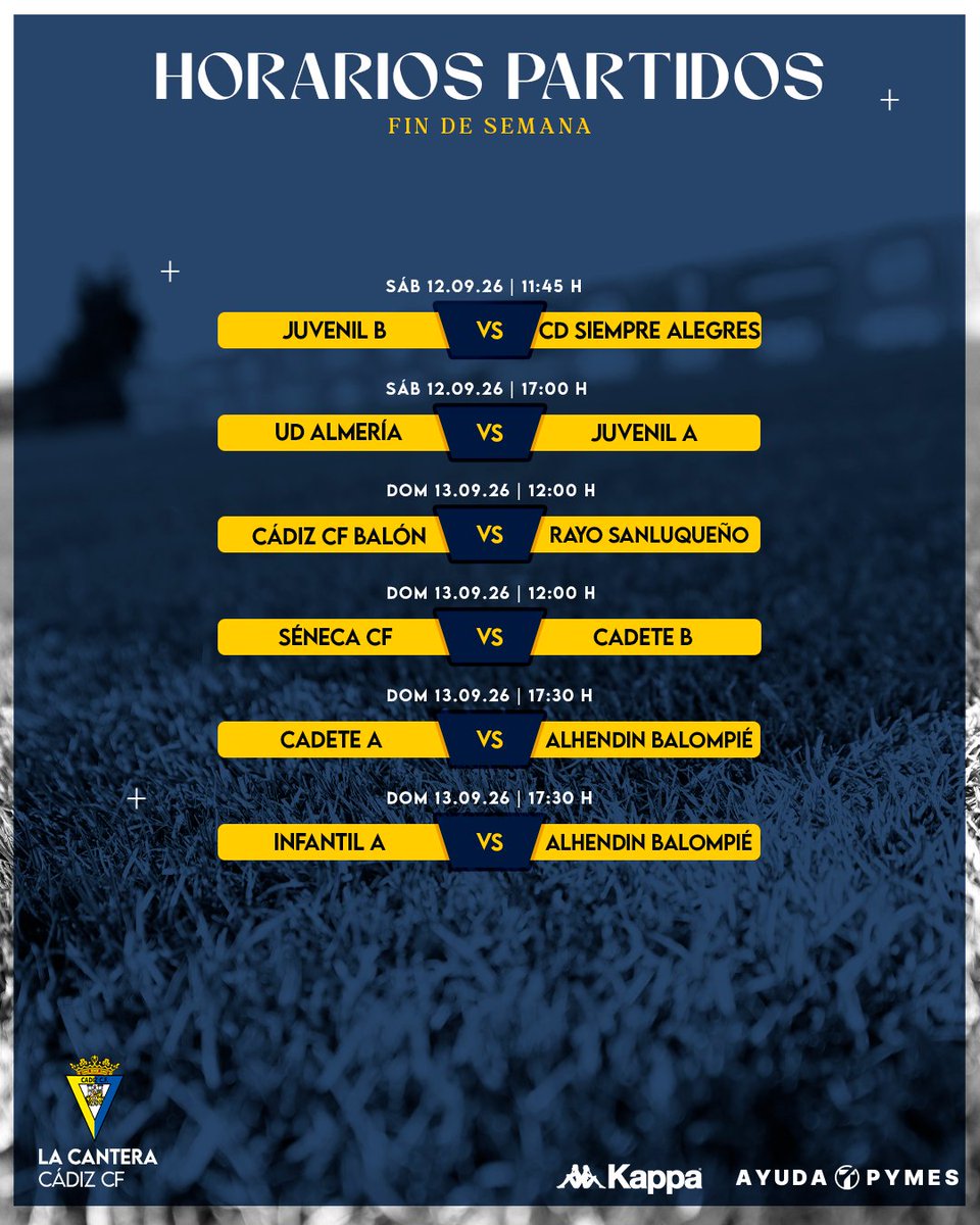 Cadiz_CFCantera's tweet photo. 🚨𝑷𝑹𝑶𝑮𝑹𝑨𝑴𝑨𝑪𝑰𝑶́𝑵 𝑷𝑨𝑹𝑻𝑰𝑫𝑶𝑺 𝑪𝑨𝑵𝑻𝑬𝑹𝑨 📅
🗞️Comienza la competición para el #JuvenilB, #CádizCFBalón, #CadeteA, #CadeteB e #InfantilA
#CanteraCadista💛💙 https://t.co/cJrXVrgWmz