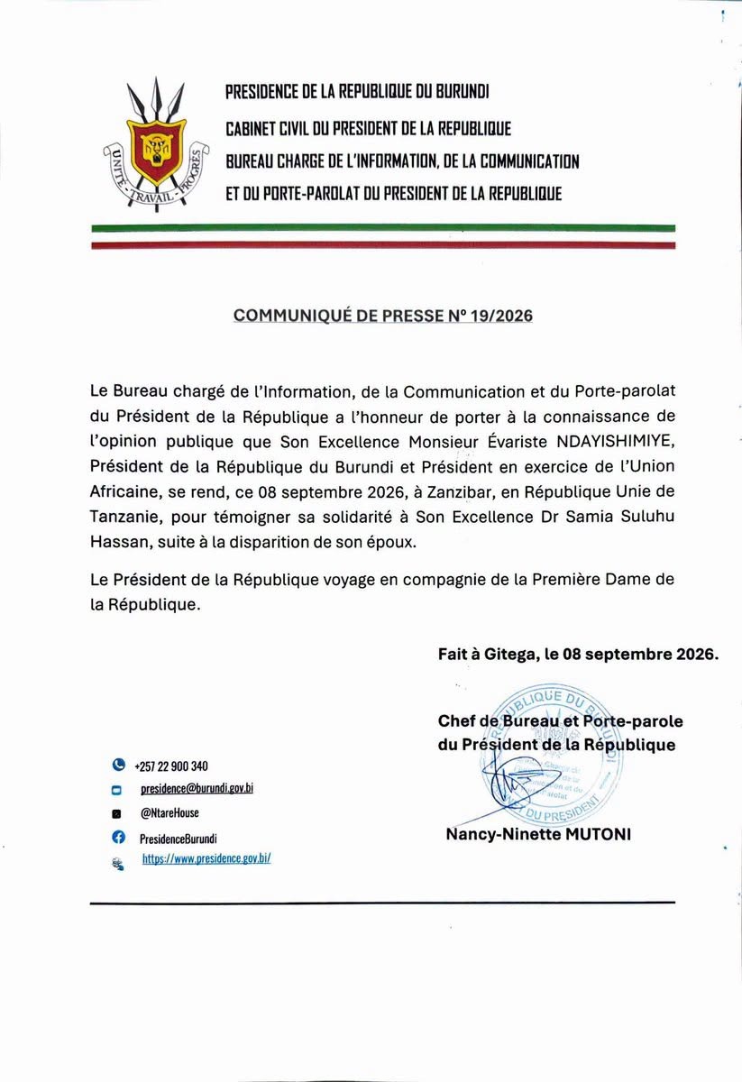 VisionBurundi's tweet photo. 🇧🇮Le Président burundais s’est rendu ce mardi 8 septembre 2026 à Zanzibar pour exprimer sa compassion et présenter ses condoléances à la Présidente tanzanienne Dr Samia Suluhu Hassan après le décès de son époux, Hafidh Ameir Hassan.
#Diplomatie #Solidarité https://t.co/6vYeTdtzRf