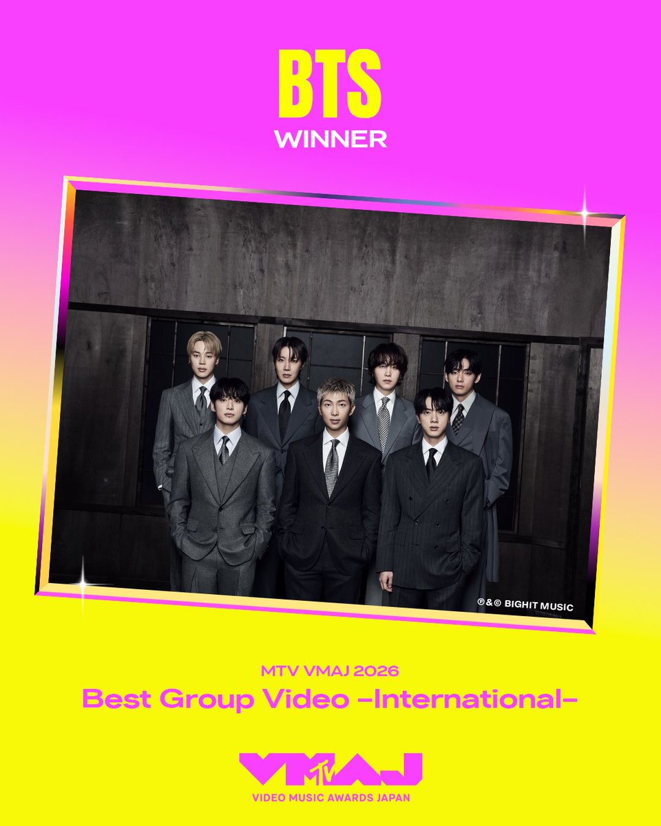 btsscope's tweet photo. Congratulations @BTS_twt for winning "Best Group Video : International" at MTV VMAJ 2026! 🏆🇯🇵🥳 https://t.co/KY7Io0sfev