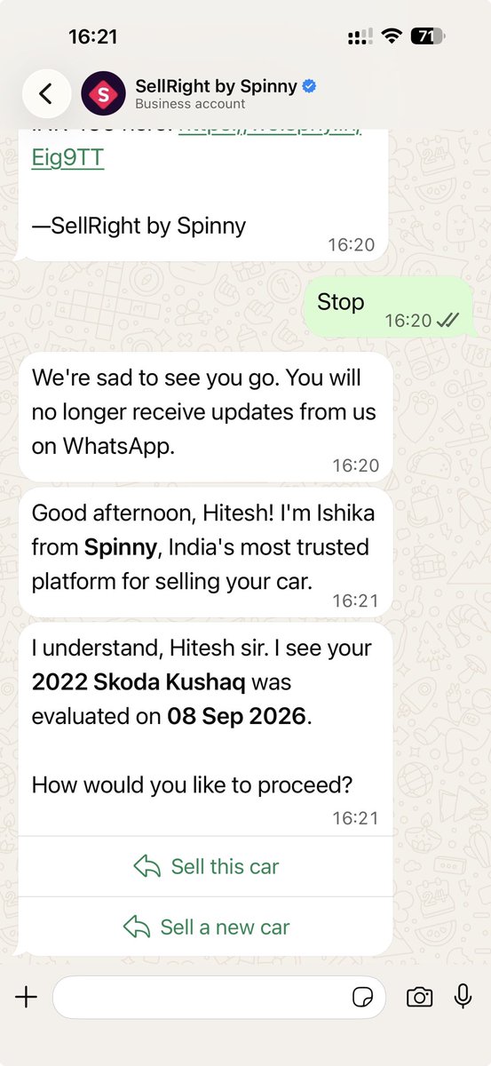 realhbk's tweet photo. ⁦@myspinny⁩ Can you stop these messages. Seems i have made a mistake by getting the car evaluated. There are tons of messages. Should i block it?? https://t.co/kR8nGEoSlg
