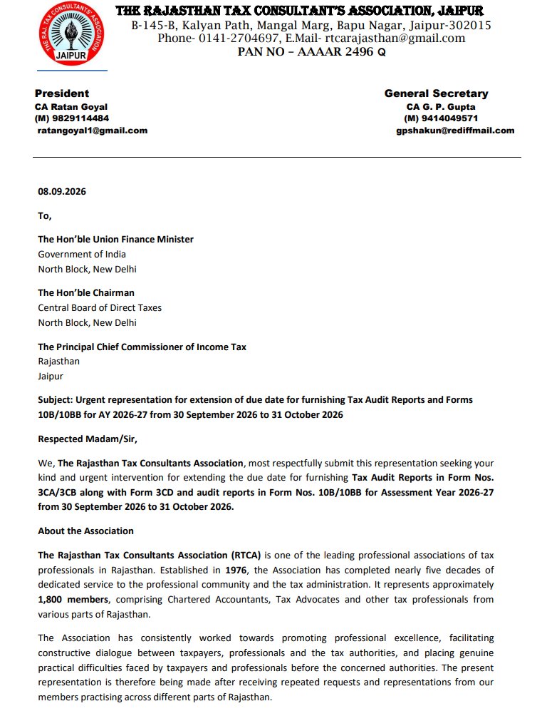 akhilpachori's tweet photo. In view of request of number of members, RTCA @RajasthanTax has represented to hon'ble Union Finance Minister, Hon'ble Chairman CBDT &amp; Hon'ble PCCIT, Rajasthan for extension of due date for #TAR from 30.09.26 to 31.10.26 by one month https://t.co/76RQF0kAA5