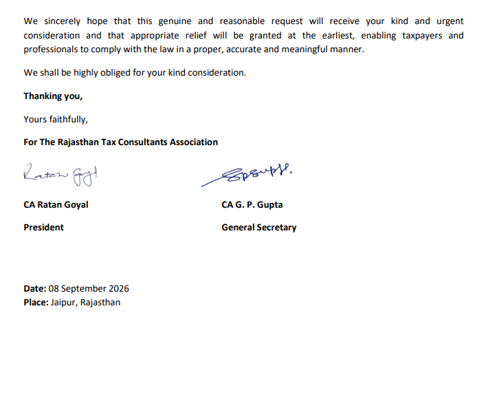 akhilpachori's tweet photo. In view of request of number of members, RTCA @RajasthanTax has represented to hon'ble Union Finance Minister, Hon'ble Chairman CBDT &amp; Hon'ble PCCIT, Rajasthan for extension of due date for #TAR from 30.09.26 to 31.10.26 by one month https://t.co/76RQF0kAA5