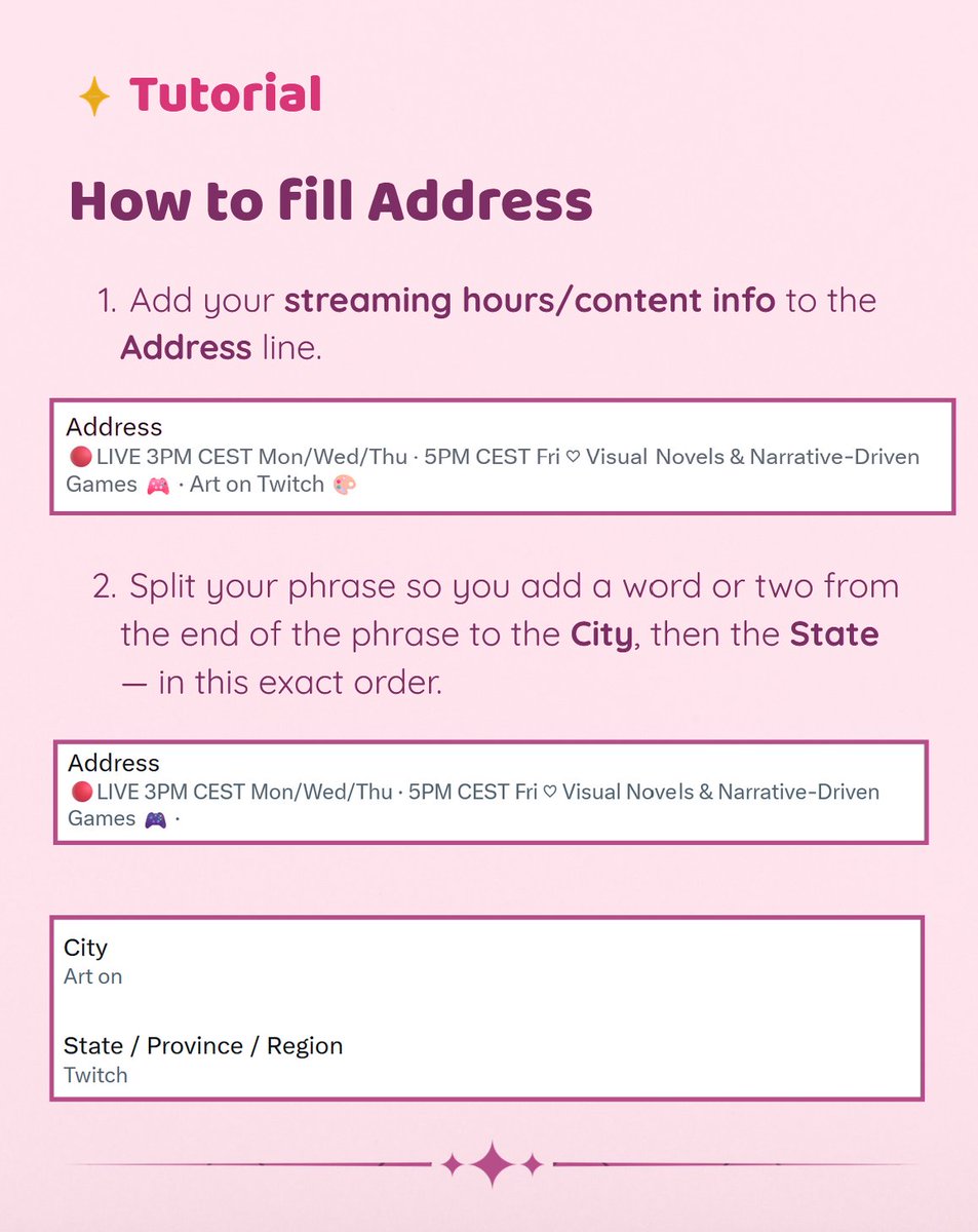 gyepiyun's tweet photo. Saw someone asking how to fill in the address part of X Spotlight, so I made a little tut! 🦊🩷

Here's how I set mine up with my streaming hours/content info without putting my actual address out there ♡

Hope it helps! Stay safe! ( ˶ˆᗜˆ˵ ) https://t.co/amke6dfZdx