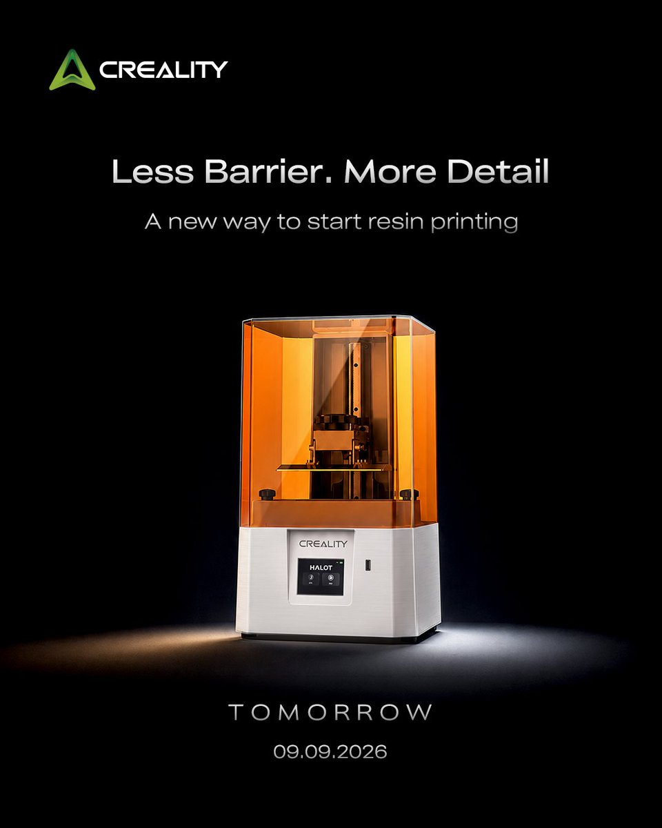 CrealityHalot's tweet photo. TOMORROW. 👀

Less Barrier. More Detail.
A new way to experience resin 3D printing is almost here.

HALOT-X1 Neo
Ready for more?

⏳ 09.09.2026

#HALOX1TNEO #ResinPrinter #ComingSoon #CrealityHALOT https://t.co/xCRPDof1Bo