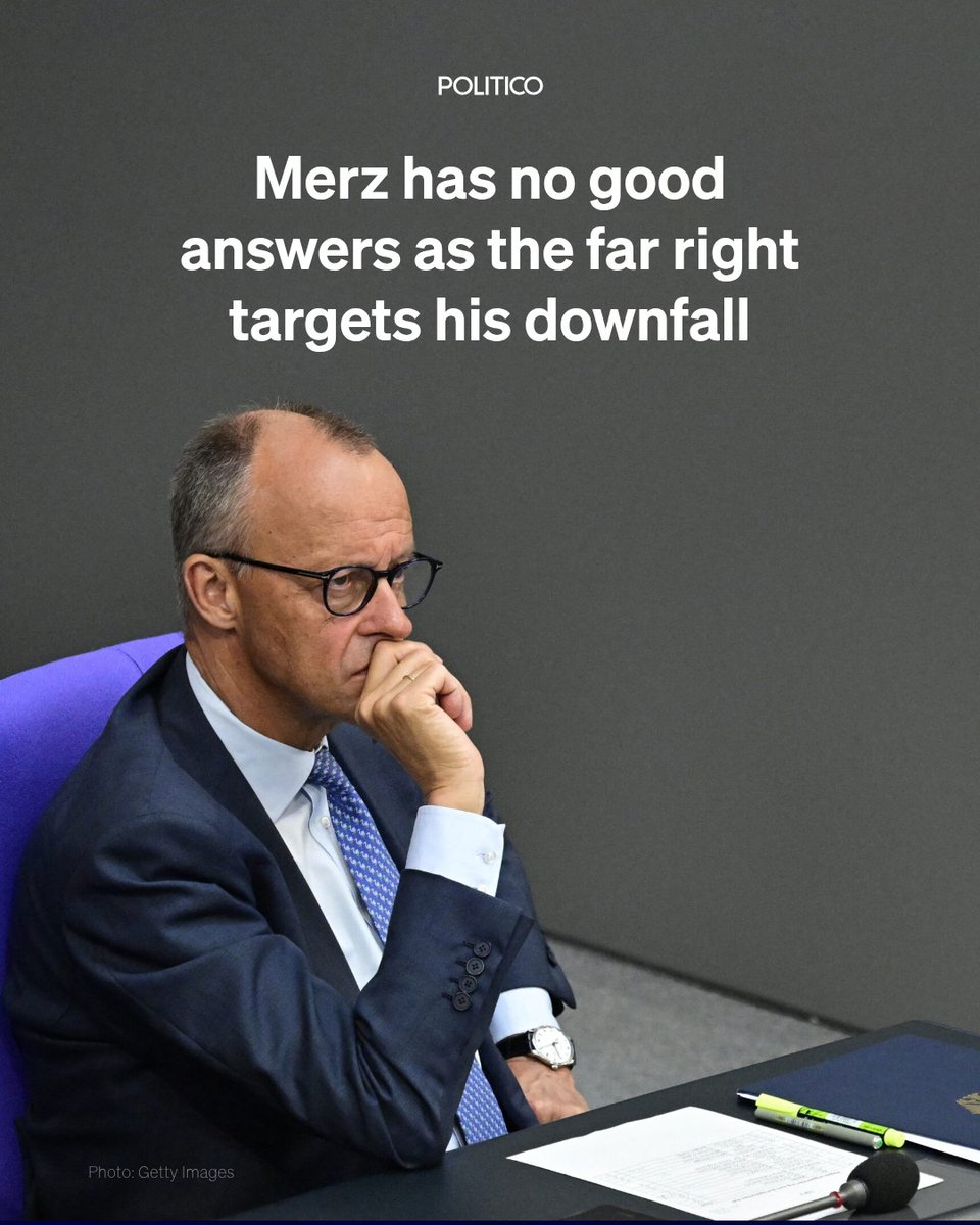POLITICOEurope's tweet photo. The far-right Alternative for Germany is attacking Friedrich Merz on multiple tactical fronts.

But the chancellor seems to have no clear plan for saving himself and his party while his government confronts its biggest political crisis yet.

🔗 https://t.co/1RHtAYlrkv https://t.co/S9EG12mQ1s