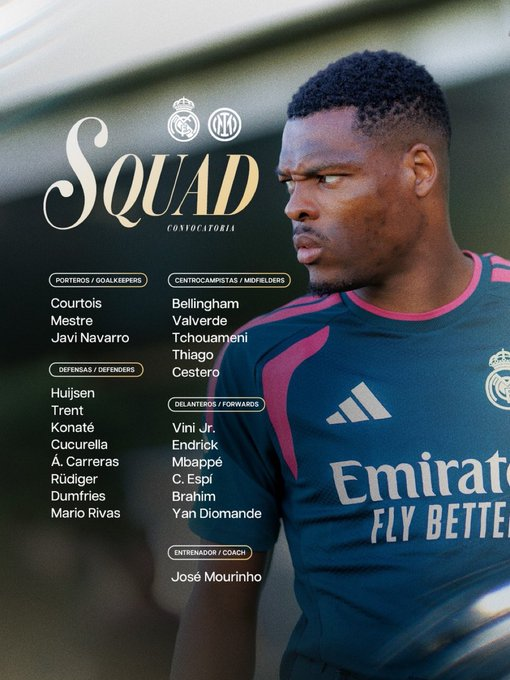 thetopcornerx's tweet photo. 🚨| REAL MADRID SQUAD LIST FOR THEIR UCL CLASH AGAINST INTER TONIGHT. 🤍🏆

Notable absentees 👇 : 

❌ LUNIN 🇺🇦
 ❌ ASENCIO 🇪🇸
 ❌ MILITAO 🇧🇷
 ❌ MENDY 🇫🇷 
❌ CAMAVINGA 🇫🇷 
❌ BERNARDO SILVA 🇵🇹 
❌ ARDA GÜLER 🇹🇷 https://t.co/taRh3qMM3q