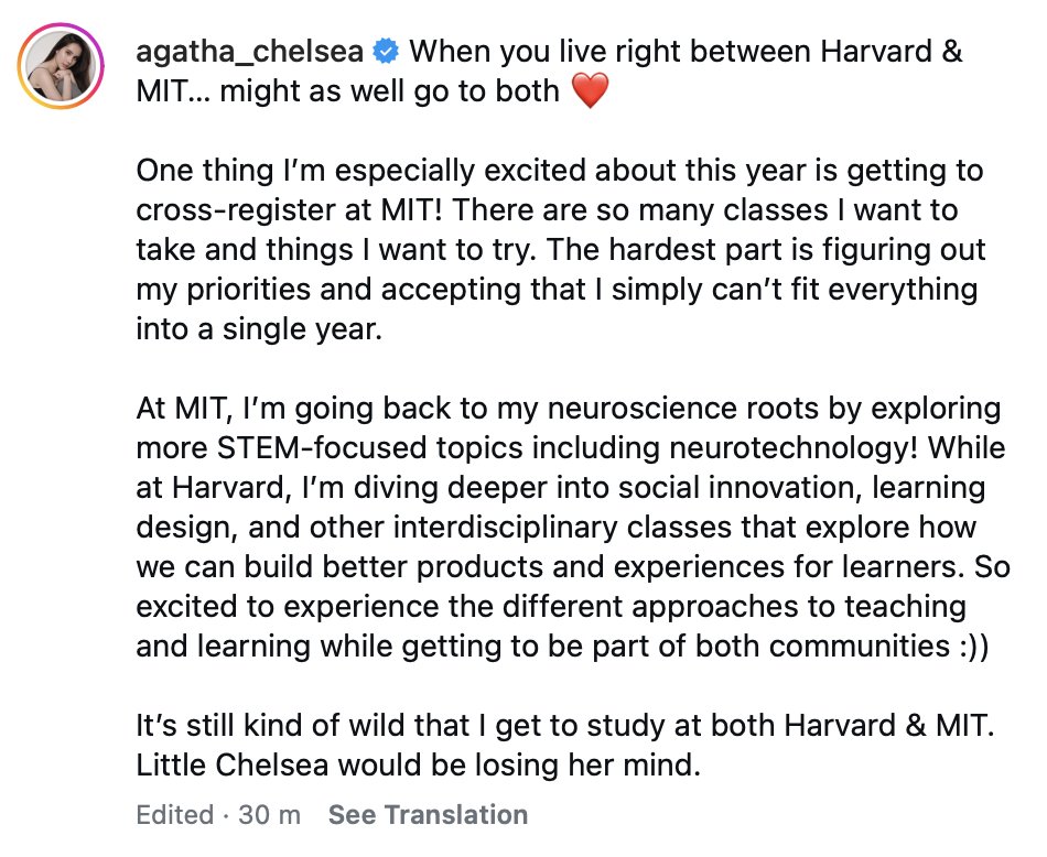 insidefolkative's tweet photo. Agatha Chelsea membagikan kabar bahwa dirinya mendapat kesempatan untuk mengambil kelas di Massachusetts Institute of Technology (MIT) melalui program cross-registration.

Di MIT, Agatha Chelsea akan kembali mendalami bidang neurosains dan STEM, termasuk neuroteknologi. Sementara di Harvard, ia mempelajari social innovation, learning design, serta bidang interdisipliner terkait pendidikan.

Agatha mengaku antusias bisa belajar di dua kampus bergengsi tersebut sekaligus dan menjadi bagian dari komunitas Harvard maupun MIT.