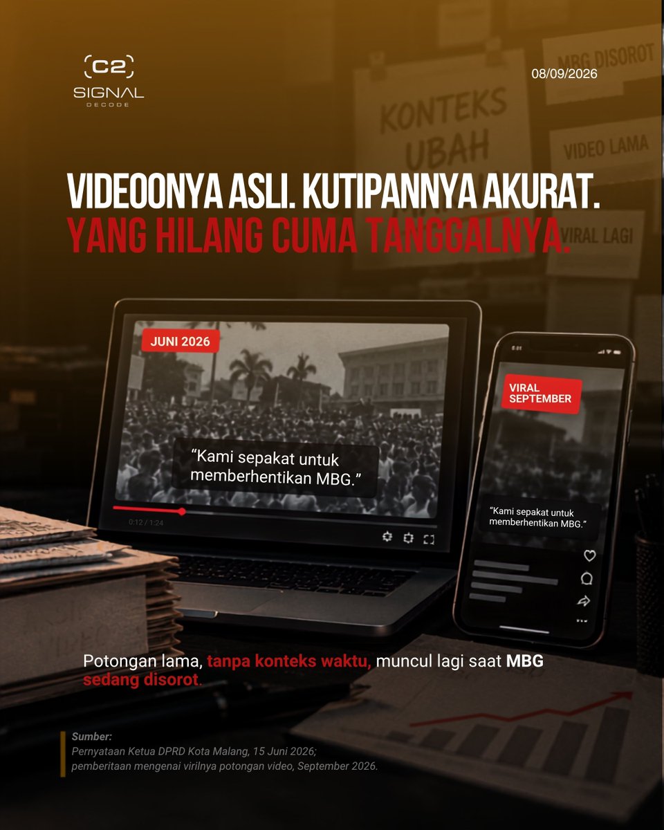 signal__decode's tweet photo. "Kami sepakat untuk memberhentikan MBG" — kalimat itu diucapkan Juni, baru ramai September. Sumbernya asli: pernyataan Ketua DPRD Kota Malang ke mahasiswa yang berunjuk rasa, 15 Juni 2026. Yang tidak ikut disebar adalah klarifikasinya dua hari kemudian — bahwa yang akan dilakukan https://t.co/dqs31pDmhl