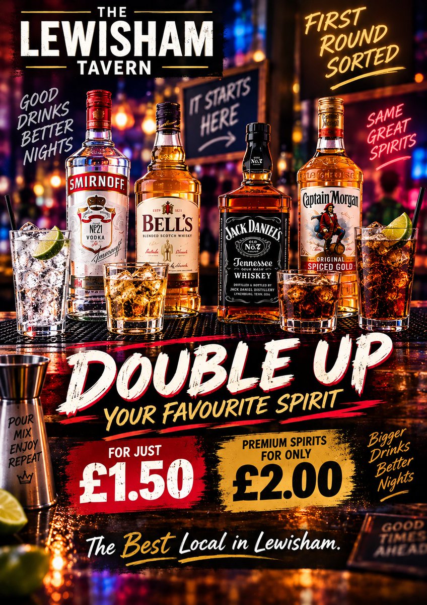 TavernLewisham's tweet photo. We can’t promise you’ll only stay for one… but we can promise your first proper drink will start the night right. 😏🥃

Double up your favourite spirit for just £1.50 - premium for £2.

Get down to The Lewisham Tavern and start your night properly. 🔥

#Lewisham #LewishamTavern https://t.co/s4jQFGPAVm