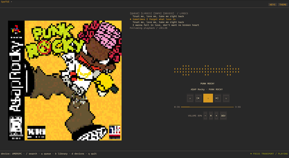 umrooGRR's tweet photo. I built SpoTUI: a retro-vinyl-inspired Spotify terminal UI with multiple themes, synced lyrics, and fast keyboard controls.

If you use Spotify and enjoy terminal apps, give it a try. https://t.co/muiPSLYwmC