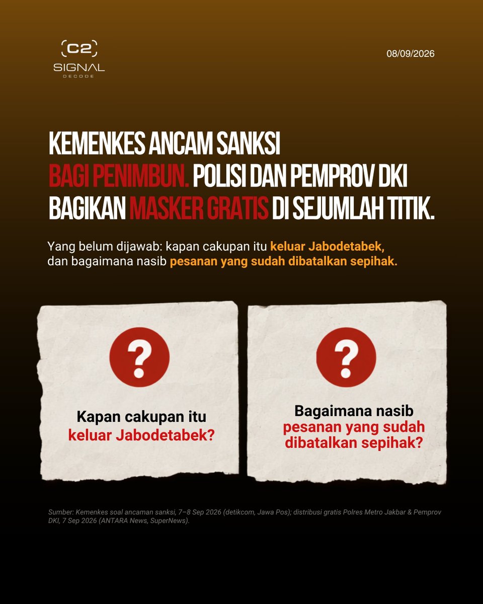 signal__decode's tweet photo. di produsen dan distributor masih cukup. Yang menipis hanya di sejumlah pengecer. Dua bencana — karhutla Kalimantan yang sudah berjalan sejak Agustus, dan abu vulkanik Anak Krakatau yang baru tiba awal September — menekan rantai pasok yang sama, di titik yang sama: pengecer. https://t.co/4rvd0kUUcG