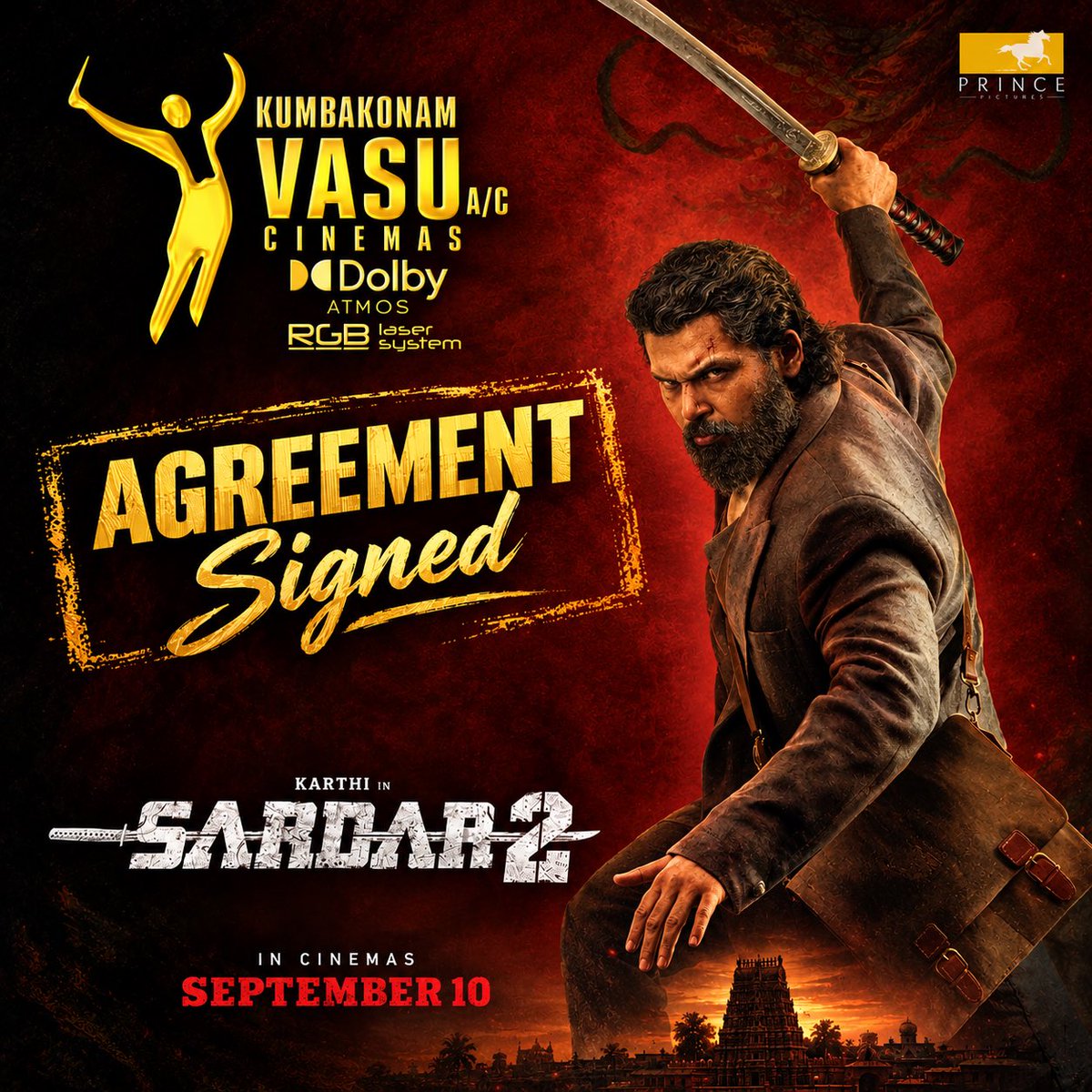 vasutheatre's tweet photo. வேலுண்டு வினையில்லை, மயிலுண்டு பயமில்லை 🦚 
Signed #Sardar2 that too on Tuesday 🦚. Releasing on September 10th only in your VASU DOLBY ATMOS. Single screen release in Kumbakonam city. Bookings to commence shortly in @district_india 
@Karthi_Offl @MalavikaM_ @Prince_Pictures @paarvathaaent @Psmithran @SamCSmusic @iam_SJSuryah