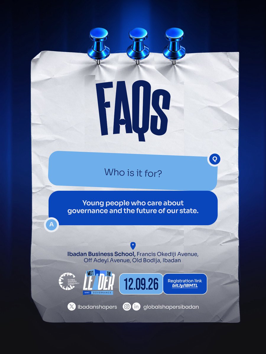 Ibadanshapers's tweet photo. 🚨REGISTRATION CLOSES TOMORROW!!!🚨

Got questions about the upcoming Meet The Leader Series? We’ve got answers! 

🔗: https://t.co/ZvhpvXpCgD

#GlobalShapers #MTL #Governance https://t.co/VRp17v2Yo4
