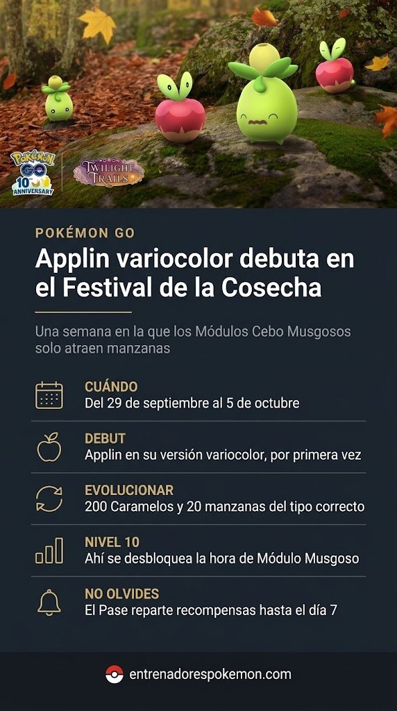 EntrenadoresPok's tweet photo. Applin variocolor debuta en el Festival de la Cosecha
El Festival de la Cosecha de Pokémon GO va del 29 de septiembre al 5 de octubre con el debut de Applin variocolor, manzanas y Pase de GO.
https://t.co/G2Dg6UsxeR
#PokemonGO #Applin #FestivalDeLaCosecha #Variocolor #Shiny https://t.co/HrvO5n7brK