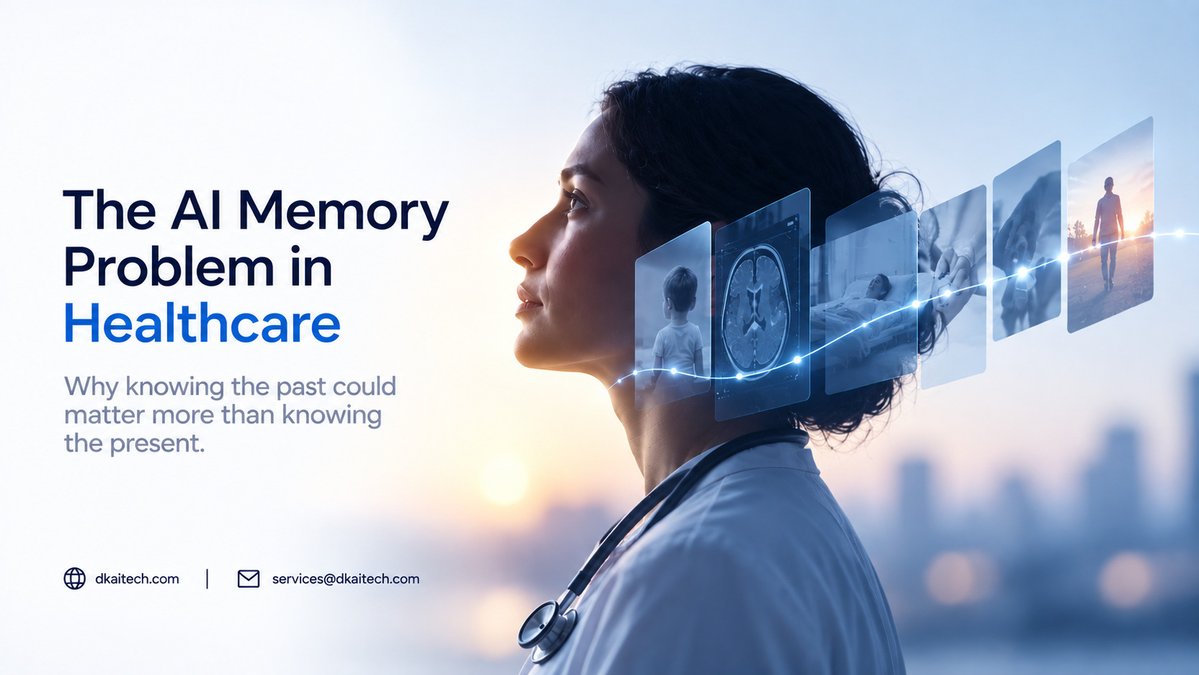 dkai_tech's tweet photo. The next generation of healthcare AI won't just process information.

It will remember what matters, understand how it changed, and use that context to make today's intelligence more meaningful.

DKAi Health
Website: https://t.co/lWHvAjnOCl
Email: services@dkaitech.com

#HealthcareAI #ClinicalAI #DigitalHealth #AIInHealthcare #ClinicalIntelligence #HealthTech #DKAiTech