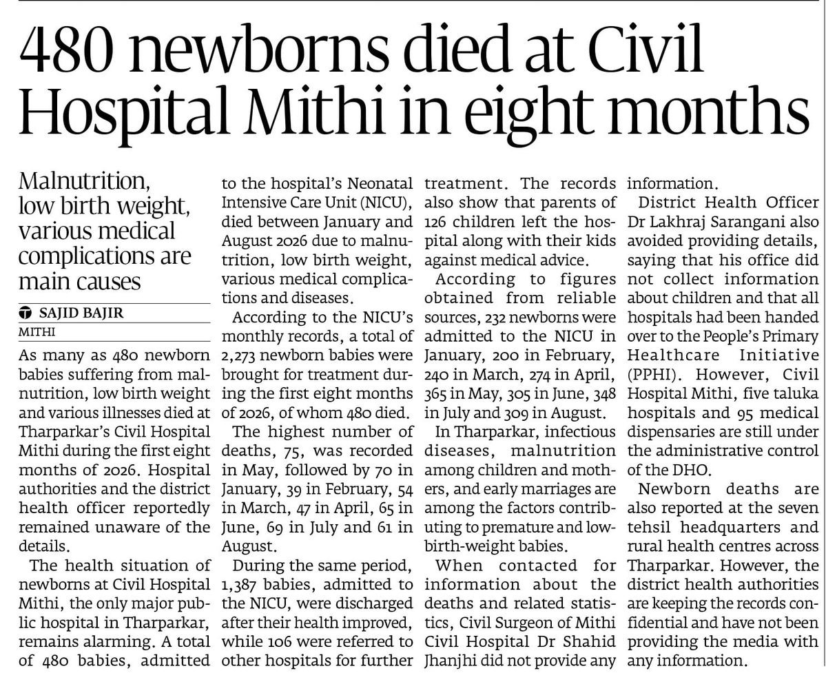 Shayank1691's tweet photo. Tharparkar’s newborn crisis is alarming🚨🚨
480 babies died at Civil Hospital #Mithi in eight months with malnutrition, low birth weight and disease among major causes. #Tharparkar #HealthCrisis https://t.co/IS9wPCzZzE