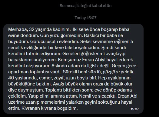 itirafkadini's tweet photo. Tatmin duygusunu bir defa olsun yaşayamamış öğretmen hanımın itirafı. https://t.co/hZ1kLtewgi