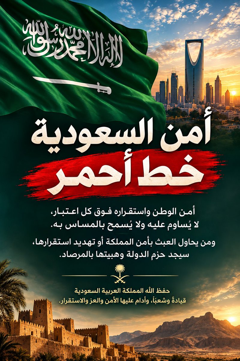 alanzi3i's tweet photo. أمن الوطن واستقراره فوق كل اعتبار لا يُساوم عليه ولا يُسمح بالمساس به ومن يحاول العبث بأمن المملكة أو تهديد استقرارها سيجد حزم الدولة وهيبتها بالمرصاد

حفظ الله المملكةالعربية #السعودية 
قيادةً وشعبًا وأدام عليها الأمن والعز والاستقرار
#وزاره_الدفاع #امن_السعودية_خط_احمر https://t.co/5KA6OSHoR5