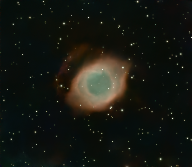 ShreddyBear's tweet photo. Helix Nebula (NGC 7293) Captured in one night with 3 Dwarf Mini's.
A dying sun-like star that shrugged off its outer layers ~10,600 years ago. About 2.5 light-years across, 650 ly away in Aquarius.
That teal “eye” is the leftover white dwarf lighting up the gas. We’re looking almost straight down the barrel of the expanding shell.
One of the closest bright planetary nebulae in the sky.