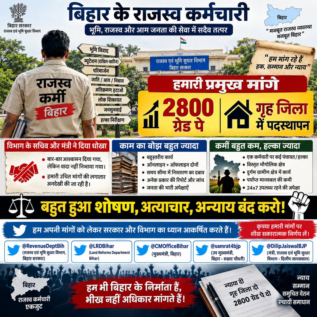 KumarAdity37107's tweet photo. अगर राजस्व भूमि सुधार विभाग चाहता है कि बिहार में भूमि विवाद कम हो जाए तो सभी kc को गृह जिला में पोस्टिंग और ग्रेड पे बढ़ा दे।जैसे पंचायत सचिव को दिया गया।इससे सभी कर्मचारी ईमानदारी और निष्ठापूर्वक अपने कर्तव्यों का निर्वहन करेंगे। नहीं तो फिर से हड़ताल होगा। https://t.co/ZLUSay5s2o