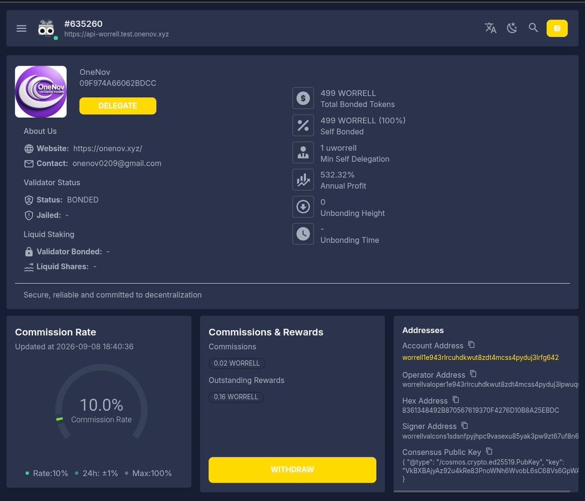 OneNov_val's tweet photo. 🟡 OneNov × @worrellchain

Proud to be running a validator on the Worrell Testnet

Validator: OneNov

🌐 Explorer: https://t.co/NuhZhUcRzR
⚡ RPC: https://t.co/3NnAY42m9G
🔗 API: https://t.co/n37zXOaRt8

One more network. One more contribution.
Keep building. Keep validating. 🚀 https://t.co/tbNN1kzPeU