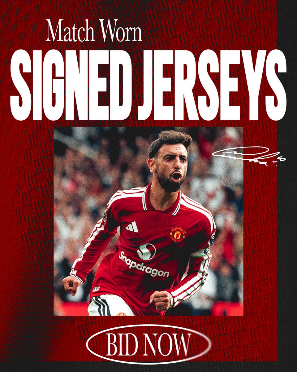 ManUtd's tweet photo. Bruno's shirt from Ipswich (H) is up for grabs 🎩🔥

Bidding ends today at 17:00 BST ⏳