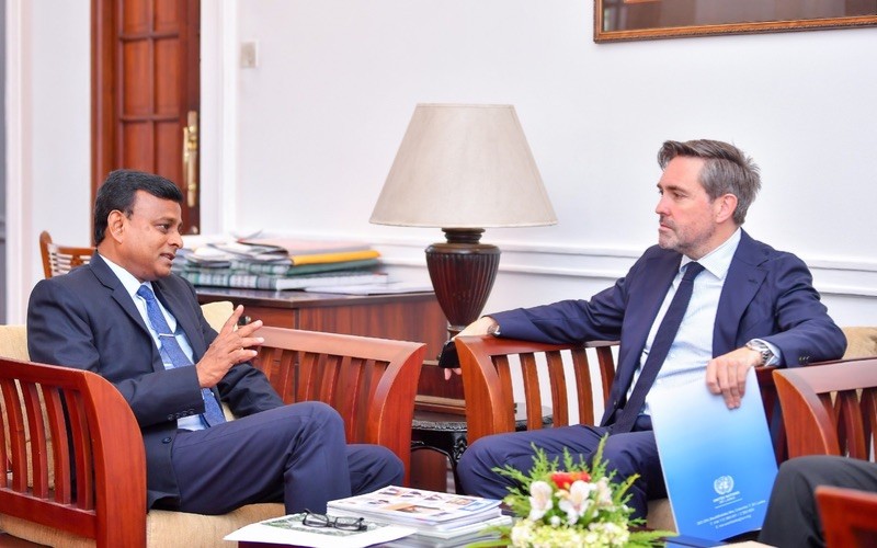 MAFrancheUN's tweet photo. Good meeting President’s Chief of Staff Prabath Chandrakeerthi to take stock of #CycloneDitwah response. Housing repairs & land solutions remain urgent for families still unable to return home. Also discussed strengthening preparedness for the climate risks Sri Lanka faces ahead. https://t.co/l6IYuhJcZt