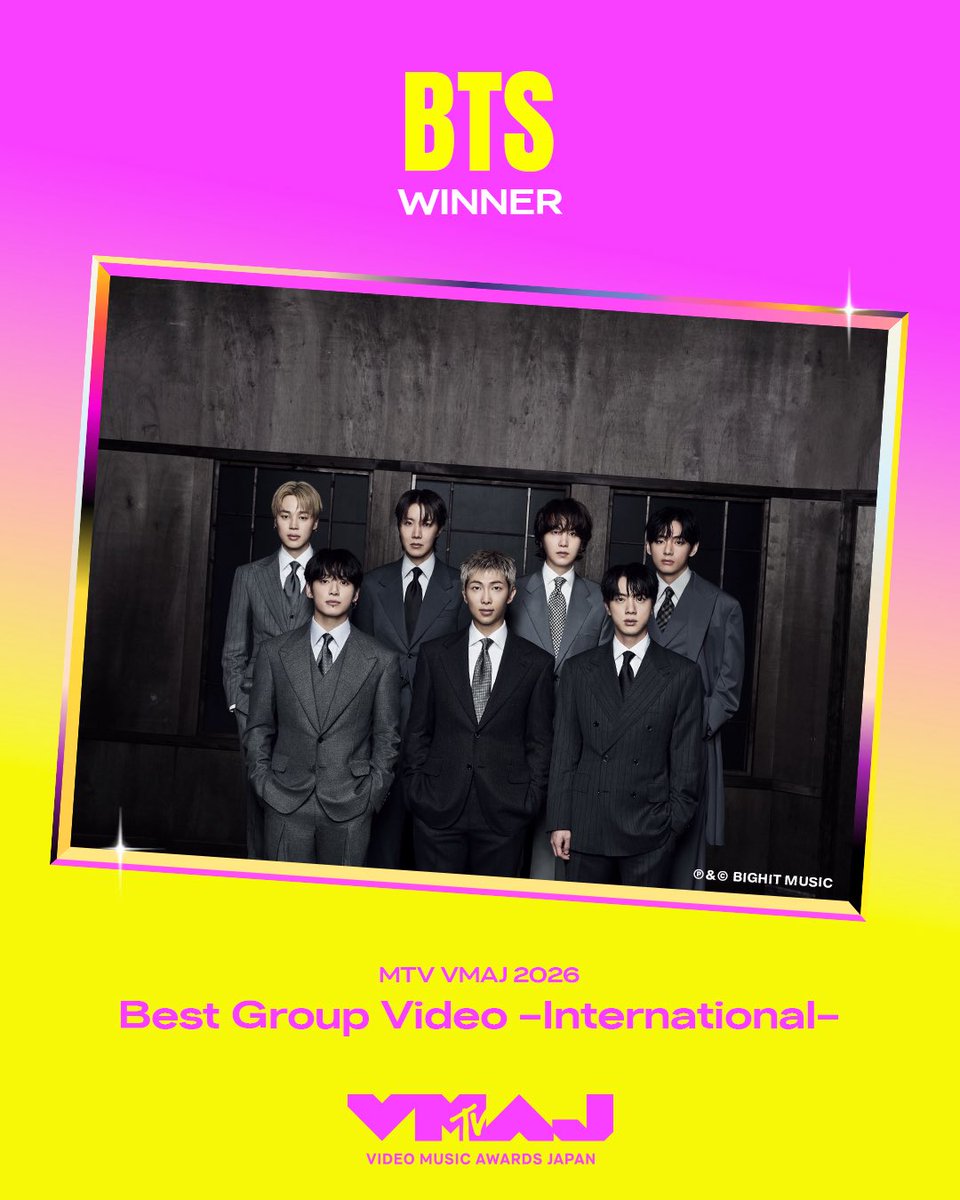 sunflowercharts's tweet photo. 🏆 @BTS_twt ‘SWIM’ ได้รับรางวัล Best Group Video - International จากงาน MTV Video Music Awards Japan ประจำปี 2026

#VMAJ2026 https://t.co/TTLqSh45xP