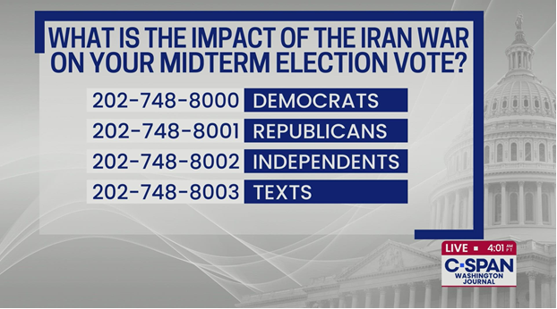 cspanwj's tweet photo. What's the impact of the Iran War on your midterm election vote?

Join the discussion: https://t.co/366a06GX7f https://t.co/srZyquJhTC