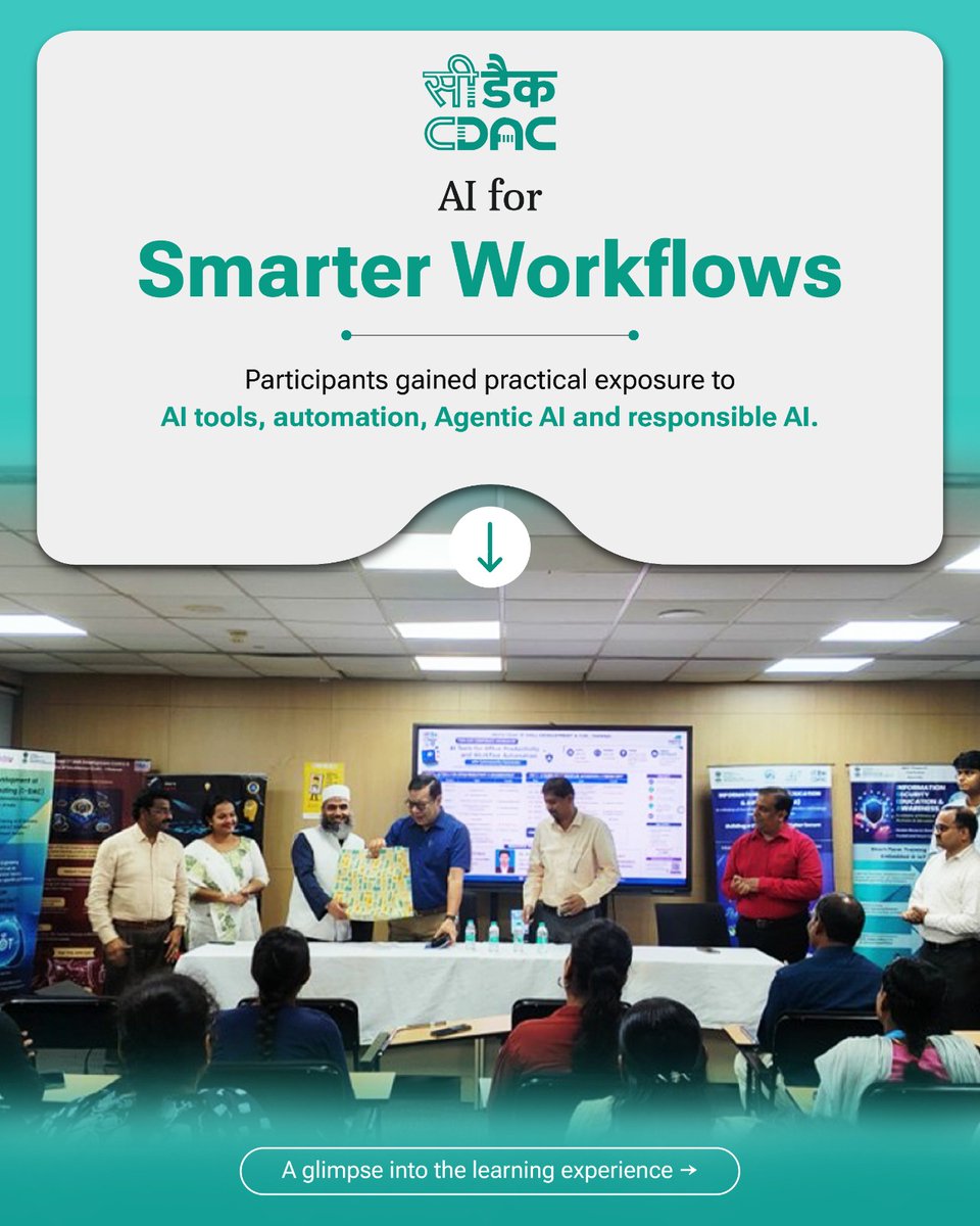 cdacindia's tweet photo. Building AI ready workplaces!

@mepz_sez  and @cdacindia  equipped 40+ industry professionals with hands on skills in #AI tools, workflow automation, Agentic AI and responsible AI, helping them work smarter, safer and more efficiently.

#AISkills #IoT #SkillDevelopment #IndustryAcademia #DigitalIndia #EmergingTechnologies