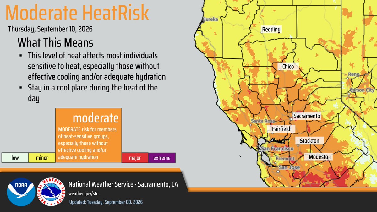 NWSSacramento's tweet photo. Moderate HeatRisk Wednesday and Thursday, with the warmest temperatures on Thursday. A Heat Advisory is in effect from 10AM Wednesday through 10PM Thursday for portions of the Sacramento Valley, Delta, and adjacent foothills. https://t.co/ctU5hdWz3q