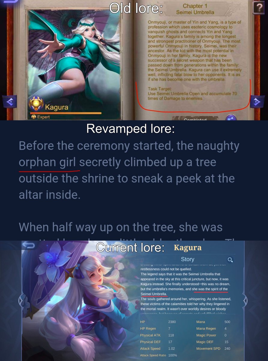 Yurina787392's tweet photo. "If" that’s the case, I wish more people had realized sooner that Kagura has often getting poor treatment from Moonton since they nerfed her lore from an heir of the Onmyouji clan to an orphan girl who’s only a descendant of Seimei and become the spirit of umbrella Seimei now https://t.co/nTkcvqNXTX