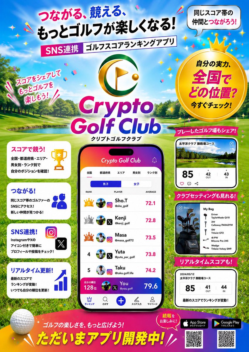 Crypto_GolfClub's tweet photo. ま��まだ修正する点はあるが、大枠は完成してきた！

Xにもゴルフのスコアを日々投稿している人が沢山いるけど、Xのアカウントのままランキング化できるので、絶対に楽しんでもらえると思ってる😆⛳️✨

#ゴルフ好きと繋がりたい 
#個人開発 #アプリ開発 https://t.co/WEGbU4AppE