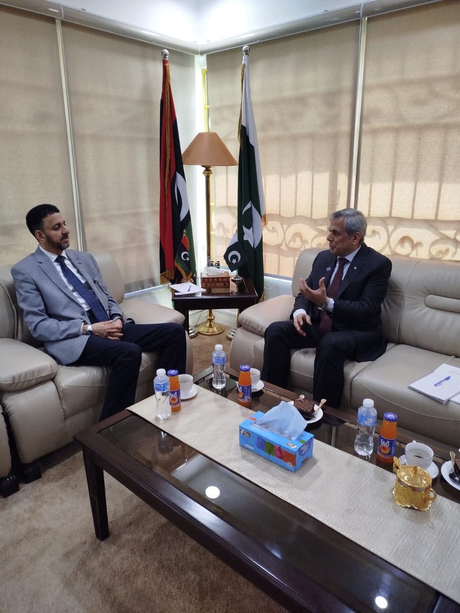 COMSATS_en's tweet photo. Executive Director #COMSATS, Ambassador @ZakariaNafees met Mr. Mohamed M. A. Benjama, Chargé d’Affaires, Embassy of Libya 🇱🇾 in Islamabad. ED briefed the Cd’A about COMSATS. ED highlighted the expertise available at COMSATS Network of Int'l S&T Centres of Excellence, how it benefits the member states and their people, and shared details of COMSATS' upcoming activities/events & offer of scholarships. Libyan Charge d’ Affaires, Mr. Benjama, took keen interest in COMSATS role in promoting S&T activities and knowledge. He assured full support for facilitating Libya's collaboration with COMSATS.