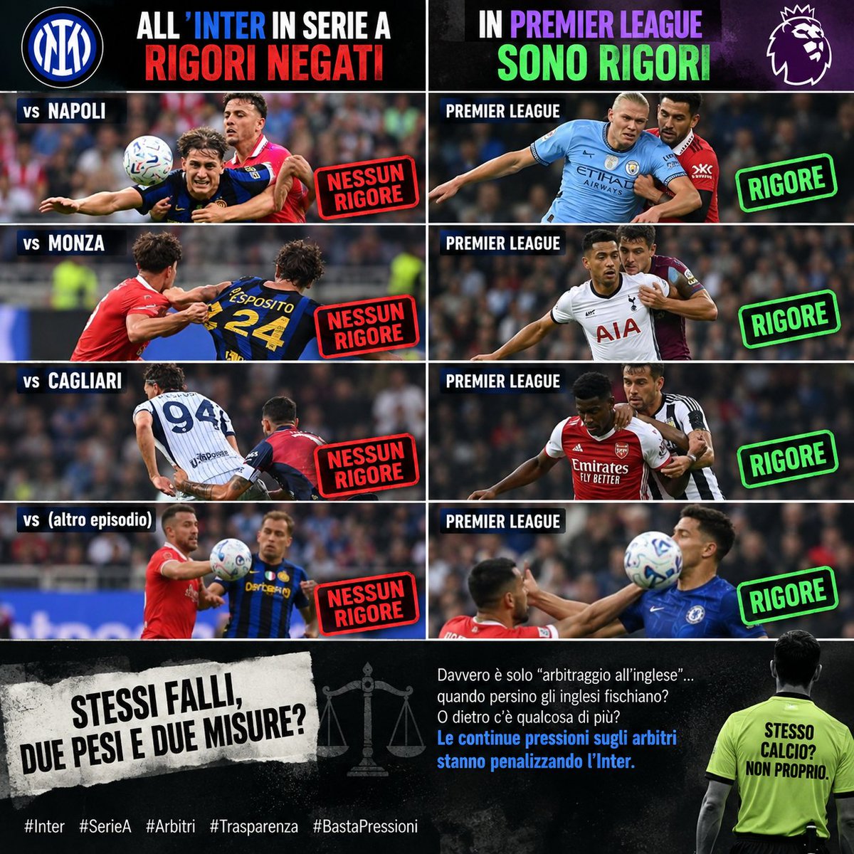 PeriodicoNA's tweet photo. 🇬🇧 In Premier è rigore. 

In #SerieA contro l’#Inter si gioca.

Napoli, Monza, Cagliari: cambia l’avversario, non il copione. ❌

Davvero “arbitraggio all’inglese” o le pressioni sugli #arbitri stanno alzando la soglia contro l’Inter? 👀⚖️ https://t.co/B1EpLBQKWV