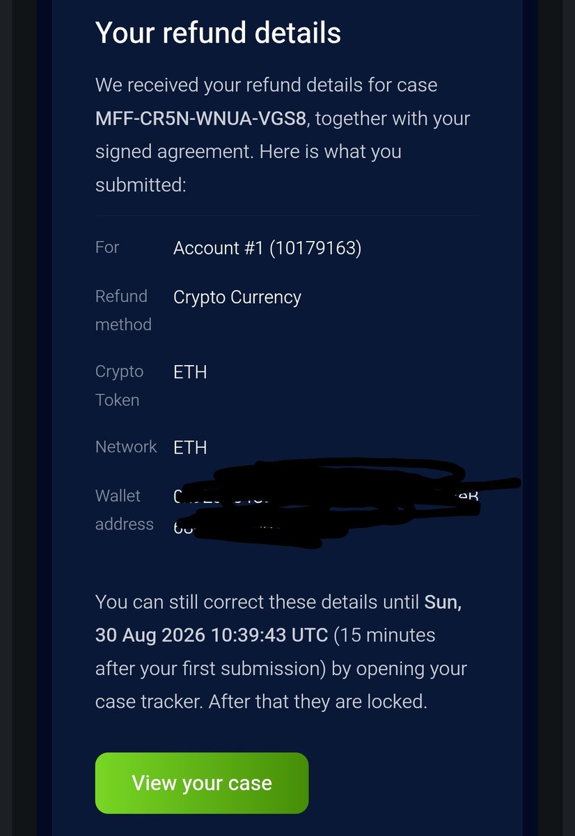 SalimEla's tweet photo. @MyForexFunds Hello MFF team,

I’m still waiting for my refund on case MFF-CR5N-WNUA-VGS8 (Account 10179163).

 I already submitted my ETH wallet details.

Please confirm when the payment will be sent.

Thank you. https://t.co/gSLcswqzP5