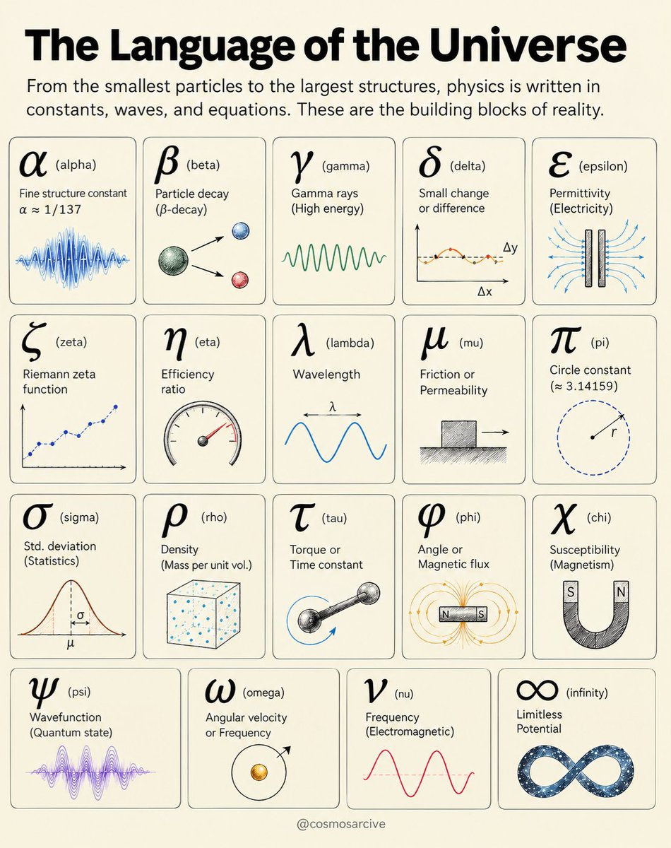 cosmosarcive's tweet photo. You start noticing Greek letters everywhere once you learn physics.

α is the fine structure constant, roughly 1/137. λ is wavelength. ρ is density. ψ represents a quantum state, while ω commonly describes angular frequency.

What makes this interesting is that these symbols are not a universal code. Their meaning depends on context. The same Greek letter can describe completely different ideas in different parts of physics.

That is part of what makes equations so powerful: a few symbols can carry an entire physical idea.