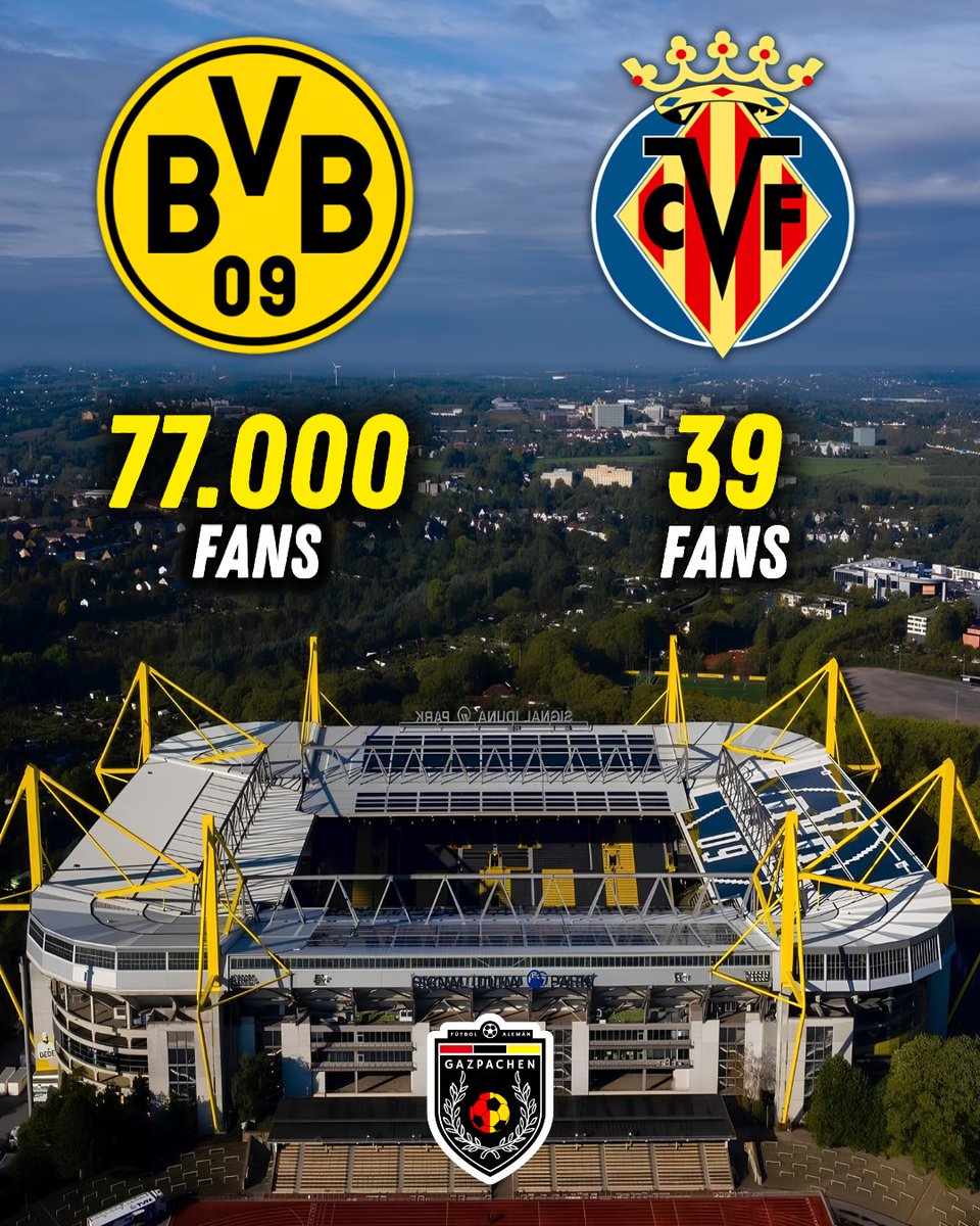 Gazpachen's tweet photo. El INSÓLITO del día se lo lleva Villarreal.

El sector visitante del Westfalenstadion en el día de hoy estará casi vacío. El Villarreal contactó al Borussia Dortmund y le informó que solo 39 FANÁTICOS han comprado un ticket para ver el partido.

Van a ser 39 contra 77.000 porque ese es el número de fans que tendrá BVB en el día de hoy. Realmente, esperaba que fueran pocos. Un número entre 200 y 500, pero 39...

Discúlpenme, pero cualquier club de Alemania lleva más gente cuando les ha tocado salir.