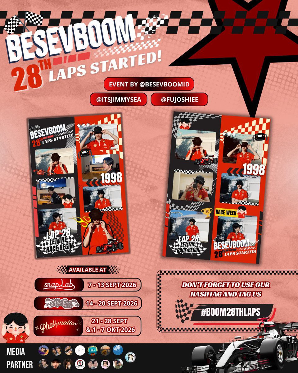 mhokdanainat's tweet photo. 🏁🏆 𝘽𝙤𝙤𝙢 28𝙩𝙝 𝙇𝙖𝙥𝙨 : 𝙇𝙚𝙩 𝙩𝙝𝙚 𝙍𝙖𝙘𝙚 𝘽𝙚𝙜𝙞𝙣! 🏁🏆
It's race week!🚦Make a pit stop at our special photobooth frame by @besevboomID @itsjimmysea @Fujoshiee
📅 7 Sept – 7 Oct 2026
📍 Snaplab • Selfietime • Photomatics
#Boom28thLaps #Besevboom https://t.co/VeY7SDLf54