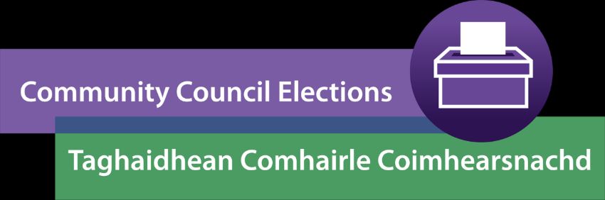 Bilingual banner announcing Community Council Elections — English text "Community Council Elections" and Gaelic "Taghaidhhean Comhairle Coimhearsnachd", with a purple circular ballot-box icon showing a voting slip.