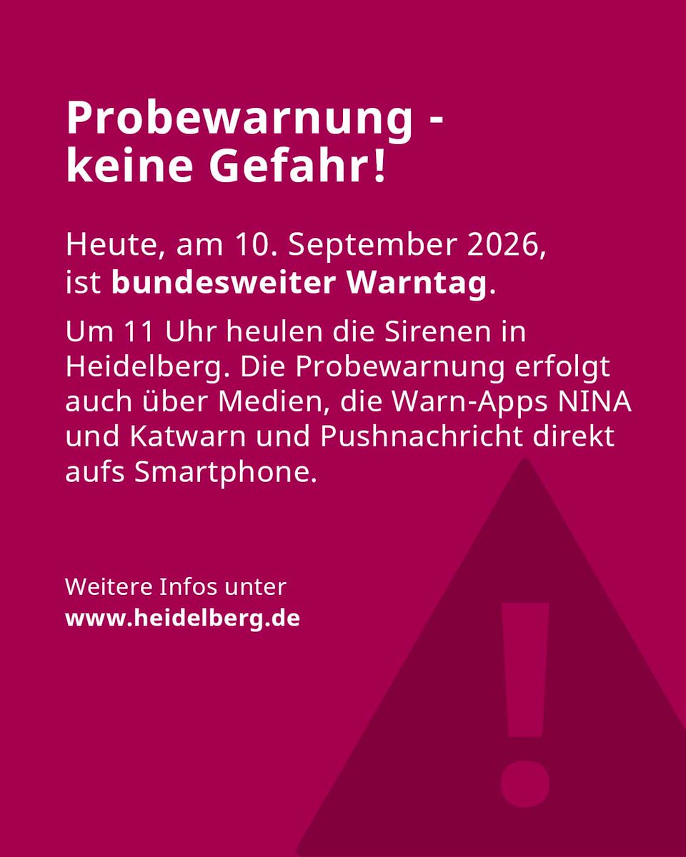 heidelberg_de's tweet photo. Nicht erschrecken: Zum bundesweiten #Warntag2026 hört ihr in #Heidelberg um 11 Uhr auch die #Sirenen.  Alle Infos zum Warntag unter https://t.co/Q7NzttYpqj. @BBK_Bund https://t.co/9oHTCsjUqZ