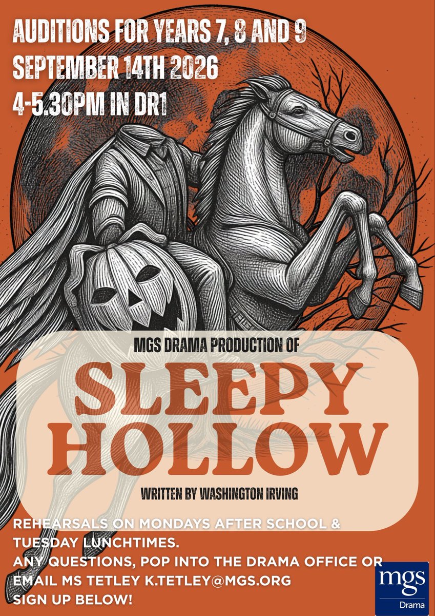 MGS_Drama's tweet photo. Auditions for our next production ‘Sleepy Hollow’ are taking place next week! 
Tuesday 14th Sept / 4-5:30pm / DR1
Open to Years 7, 8 &amp; 9! 
Ask Ms Tetley for more information!
Good luck! 🎃🐎 #MGSDrama https://t.co/5gPQ4ujrg8