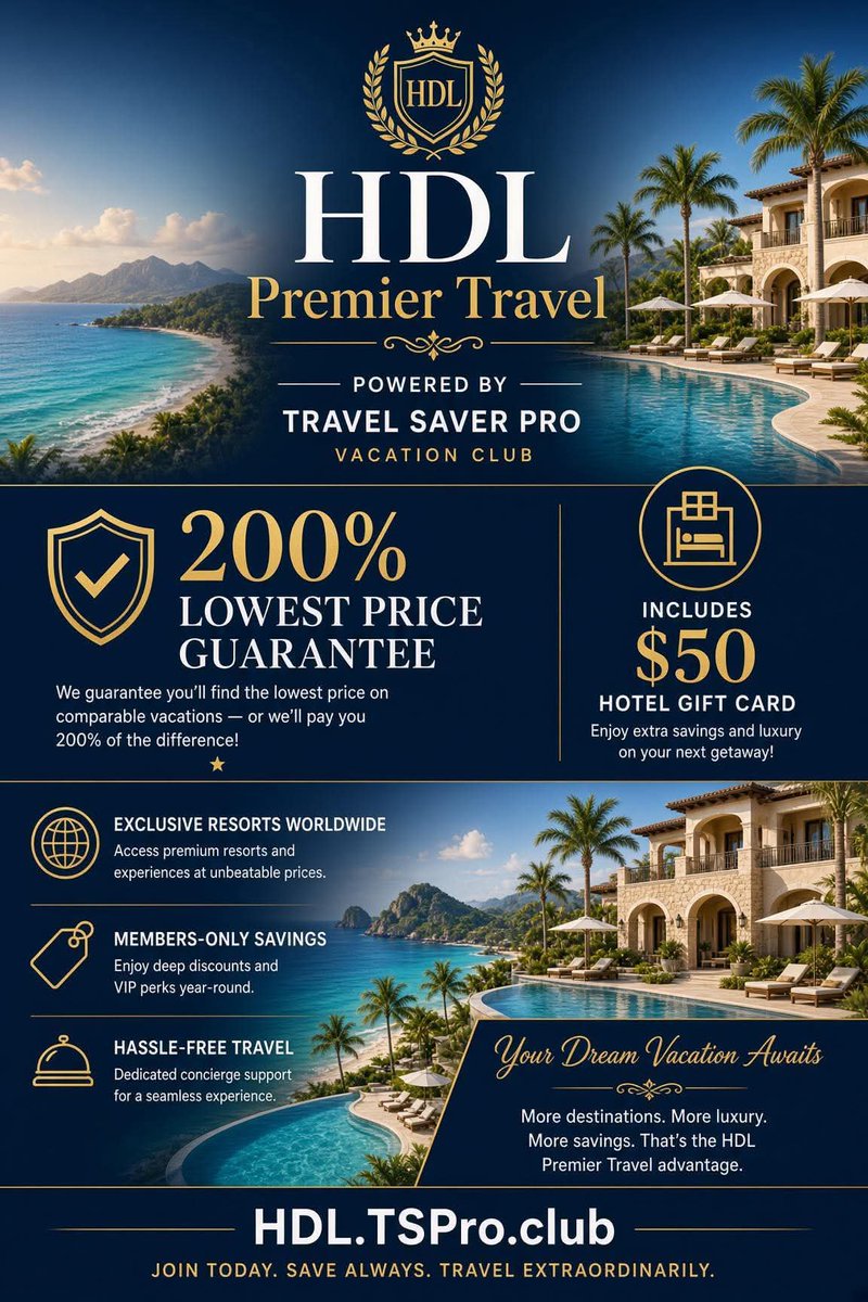 HDLPremiertravl's tweet photo. 🌅 Why dream about paradise when you can plan your next escape?

Enjoy access to luxury resorts, exclusive member pricing, and a $50 Hotel Gift Card with qualified bookings. 🎁🏖️

https://t.co/KmaTWO792h https://t.co/QVQFCTREVa