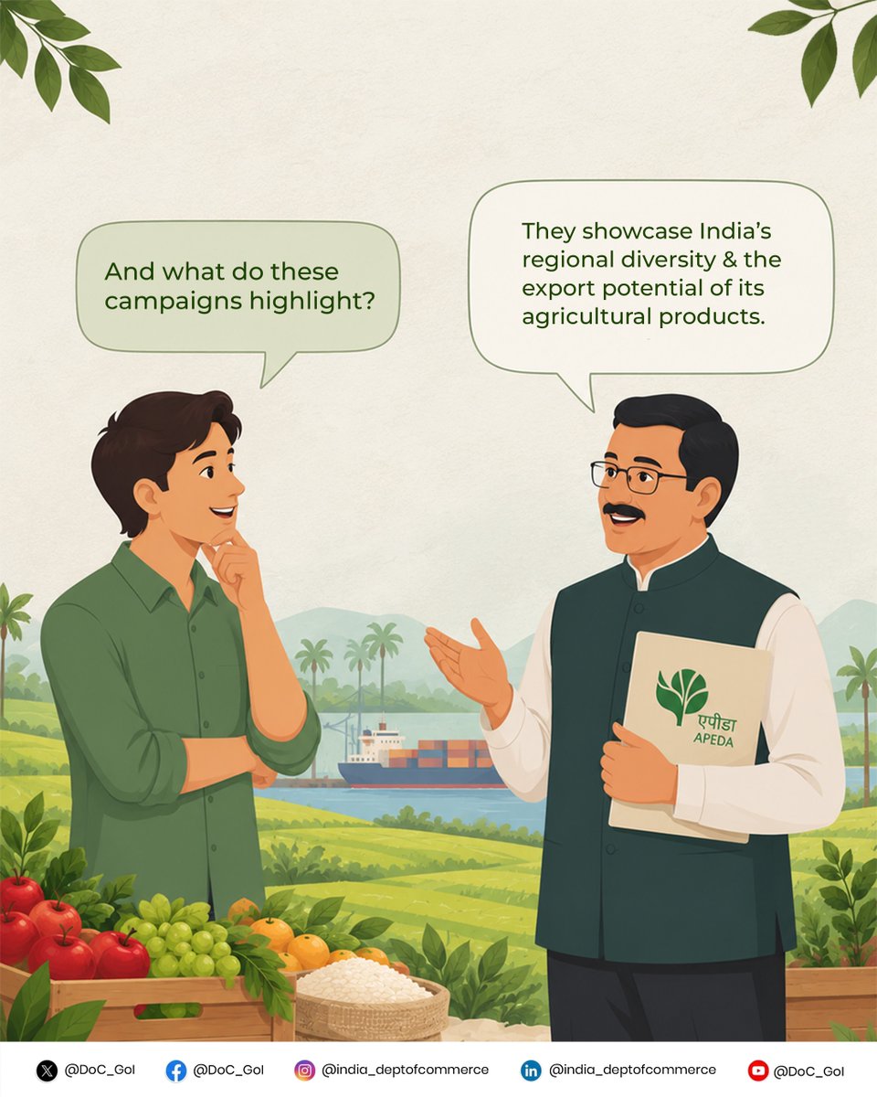 AIRNews_Chennai's tweet photo. India’s agricultural diversity is reflected in the products and traditions of its regions. @APEDADOC thematic campaigns bring this diversity into focus through International Days, festivals, seasonal produce, organic products and the One District One Product initiative.

These efforts highlight the distinctiveness of India’s agricultural products while showcasing their export potential to wider markets.

#BharatAgriExports | #APEDA | #AgriExport | #FarmToGlobal | #IndianExports | #Export

@AgriGoI | @DoC_GoI | @MIB_India | @PIB_India | @airnewsalerts