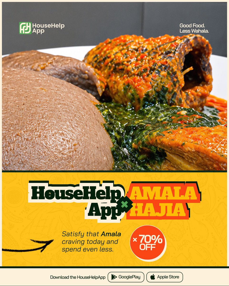 HouseHelpApp's tweet photo. Have you been craving Amala? What if I told you that you can satisfy that craving at a much cheaper price 🔥

Download the HouseHelpApp today to order from Amala Hajia and get 70% off your order 

#HouseHelpApp #bestfooddeliverypluginlagos #fooddelivery #goodfoodlesswahala https://t.co/jWWPj4QwXw