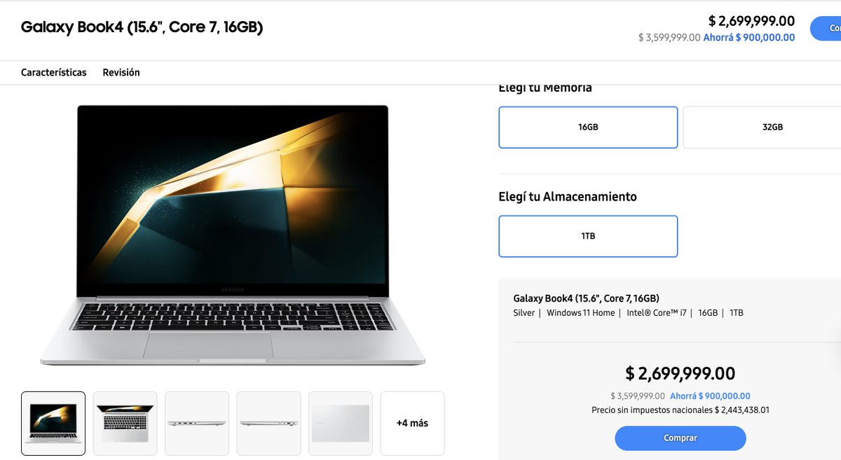 GangaHunterAR's tweet photo. 💣 MÁS BARATO QUE EN https://t.co/sPNY2G03On
UNA BOMBA!
Notebook Samsung Galaxy Book4 15,6" FHD · Core i7 · 16 GB RAM · 1 TB SSD · Windows 11, a $1.794.499 en tienda oficial.
En https://t.co/ClgyCX7biA el mismo modelo (NP750XGJ-KS1AR) está en promo a $2.699.999 (de $3.599.999) y acá igual pagás $905.500 menos (34 %).
Tienda oficial con +10 mil ventas, llega gratis el jueves. Quedan +10.
En ML figura con 55 % de descuento.
👉 https://t.co/0E6f39j2gT